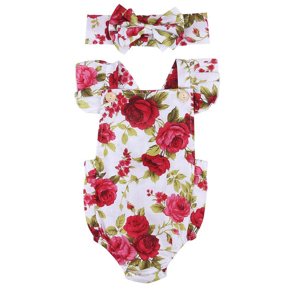 Rose Print Floral Romper+Headband - TinyTacker