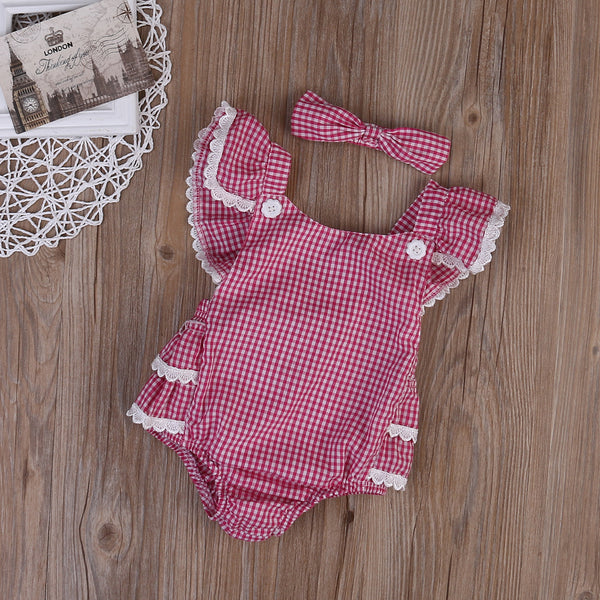Flying Sleevless Lace Red Plaid Floral Romper - TinyTacker