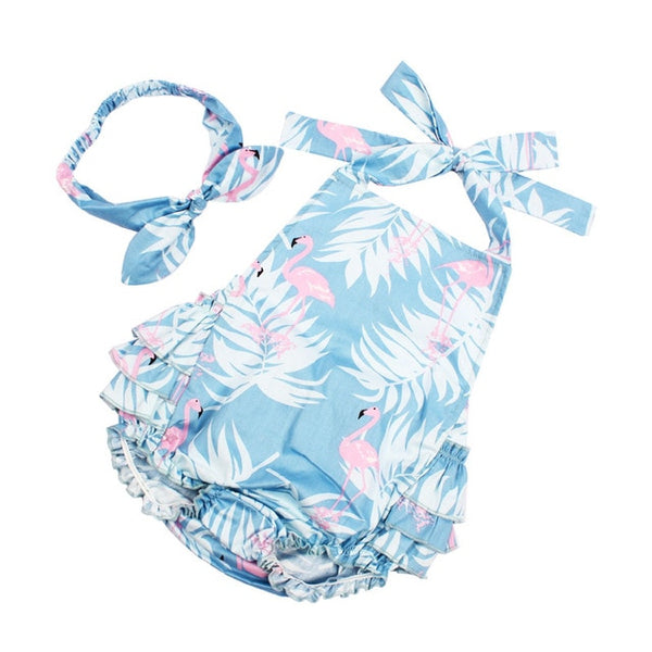 Lucky Girl Ruffled Flamingo Rompers & Headband Set - TinyTacker